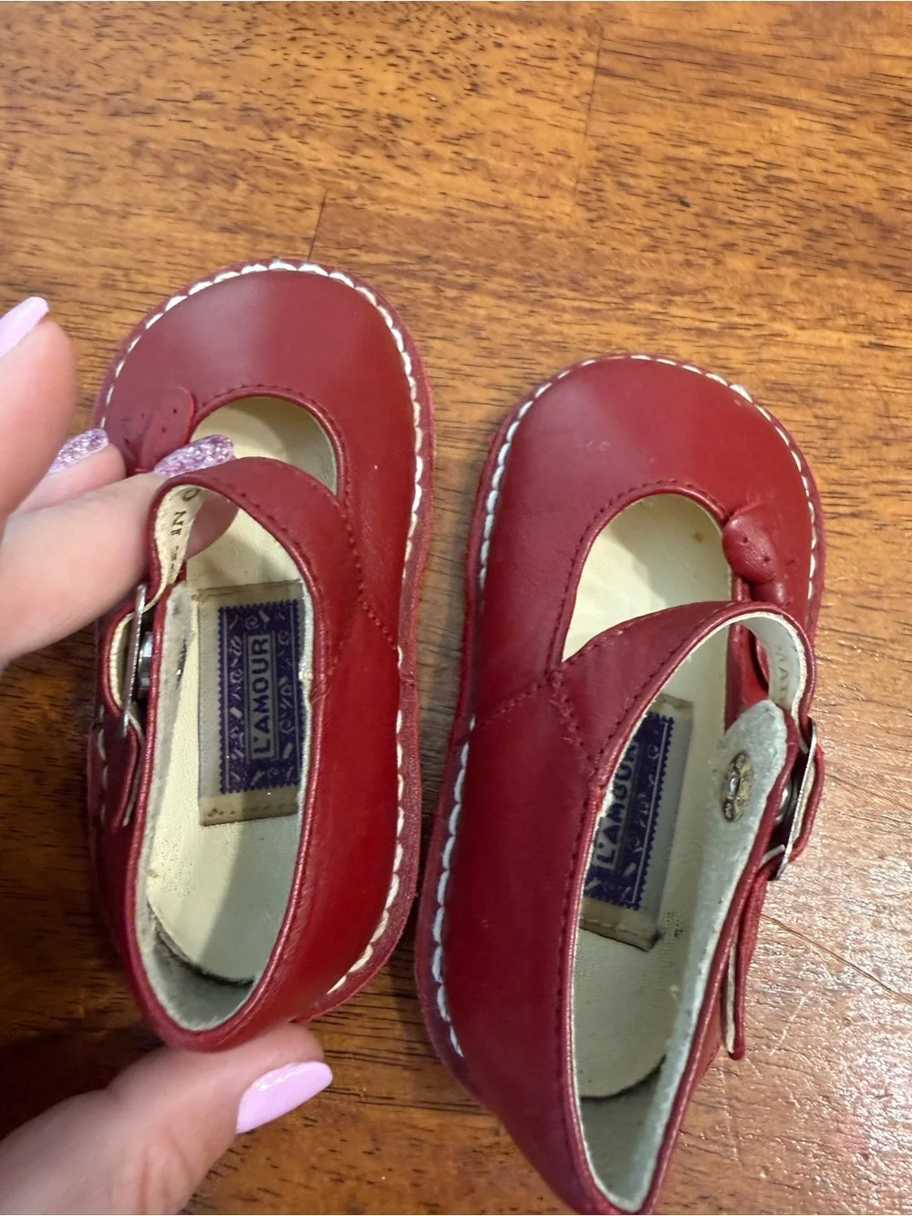 L'Amour Iris Red Leather Double Bow Mary Jane Shoes Toddler measures 7 classic